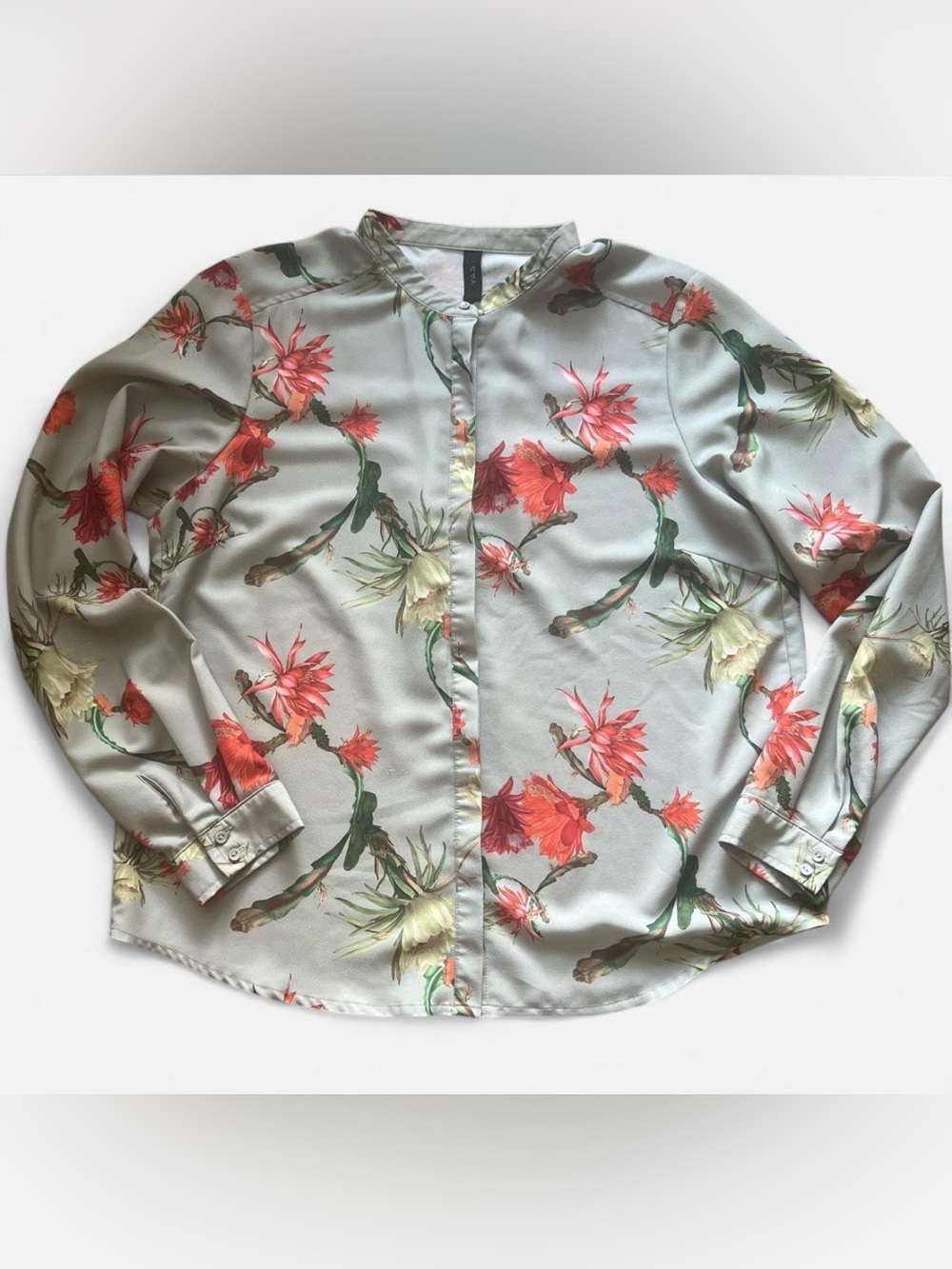 Y.A.S Floral Cactus Print Button Down Shirt Blouse Sage Green